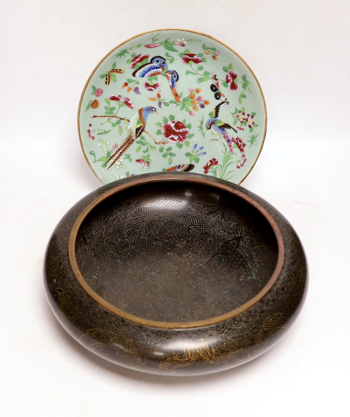 A Chinese famille rose plate and a cloisonné enamel bowl, bowl 30cm diameter